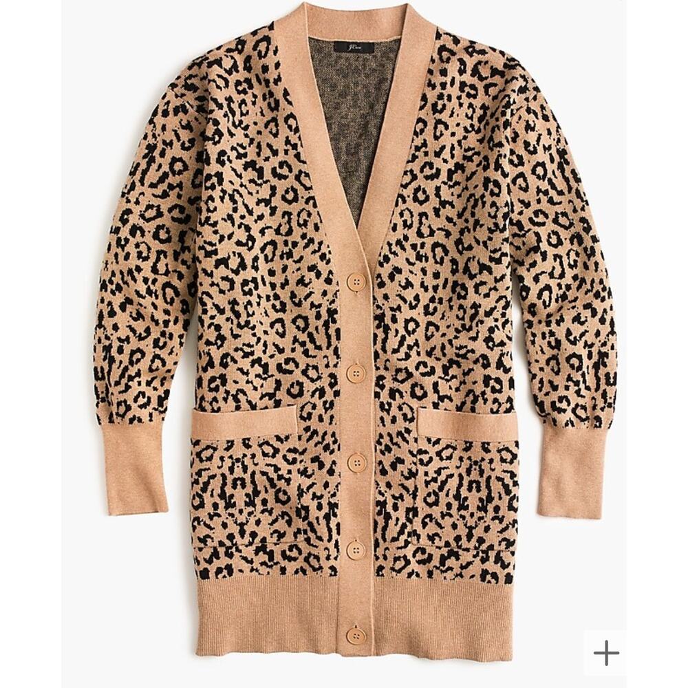 J Crew Leopard V Neck Merino Wool Blend Cardigan Sweater
